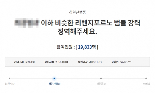 4일 오전 올라온 '리벤지 포르노' 청원 글에 1만 9000여명이 청원동의하고 있다. (사진=청와대 국민청원 게시판 화면 캡처)