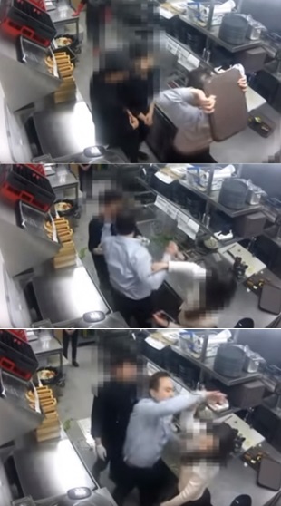 25일 조선비즈가 공개한 CCTV 영상에서 권 모 상무가 매장 직원들을 대상으로 행패를 부리고 있다. (사진=조선비즈 동영상 화면 캡처)