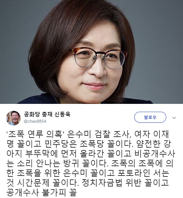 은수미 '조폭 연루 의혹' 관련 검찰 조사에 신동욱 "여자 이재명, 민주당은 조폭당"