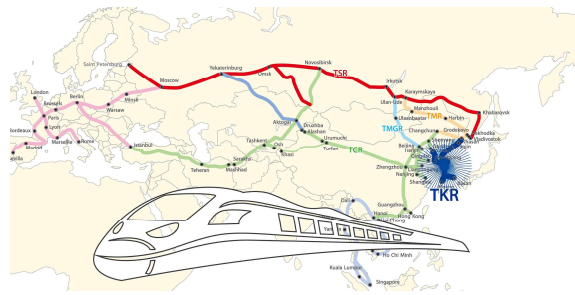 TKR(Trans-Korean Railway, 남북한연결철도)를 비롯해 TCR(Trans-China Railway) TSR(Trans Siberian Railway)을 이용해 우리나라에서 유럽까지 가는 철도연결망의 개념도. (이미지 출처= 정동영 의원실)