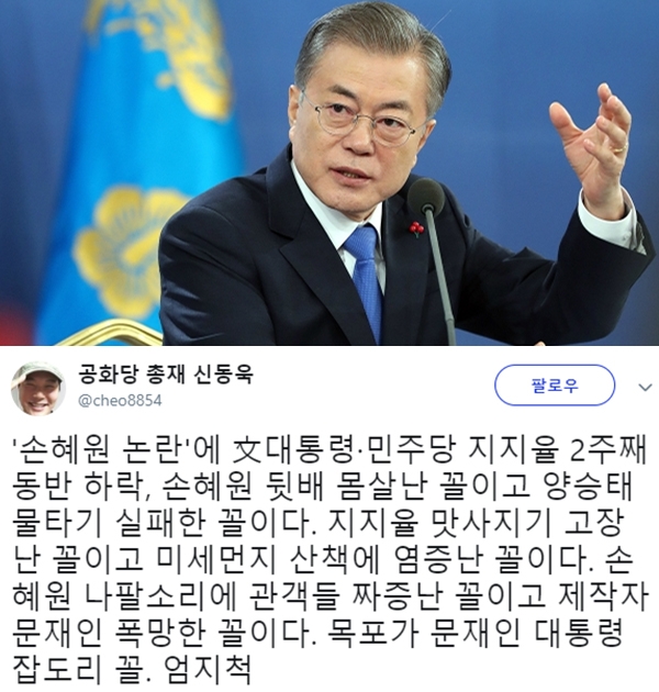 손혜원 논란에 문대통령·민주당 지지율 하락 (사진=청와대/신동욱 SNS)