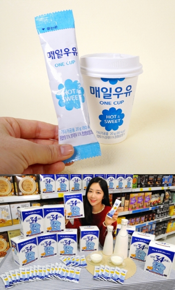 사진 위에서부터 '매일우유맛 오리지널 스틱', '남양 3.4 우유맛 스틱' (사진 제공=세븐일레븐, 남양유업)