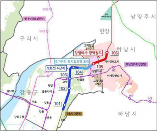 서울시 도시철도망계획에 포함된 고덕강일1지구-강일동 구간 (자료 제공=진선미 의원실)