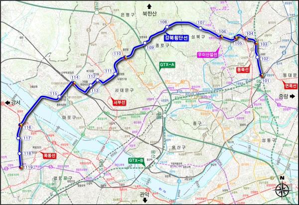 ㎞㎞새롭게 계획한 강북횡단선은 완급행 열차 운행이 가능한 25.72의 장대노선으로 강북의 9호선 기능을 수행하도록 계획했다. (자료=서울시)