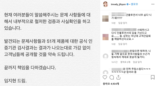 임블리 기자회견에 임지현 SNS를 찾은 네티즌이 악플을 달았다. (사진=임블리 임지현 인스타그램)