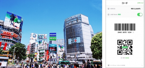왼쪽은 일본 도쿄 시부야 거리, 오른쪽은 라인페이 간편결제 진행화면 (사진=픽사베이, 라인)