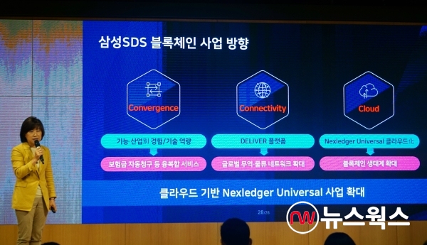 홍혜진 삼성SDS 블록체인센터장이 미디어데이에서 발표하고 있다. (사진=박준영 기자)