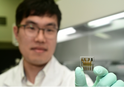 임경근 KRISS 나노구조측정센터 선임연구원이 개발에 성공한 고성능 수직 유기 트랜지스터를 선보이고 있다.
