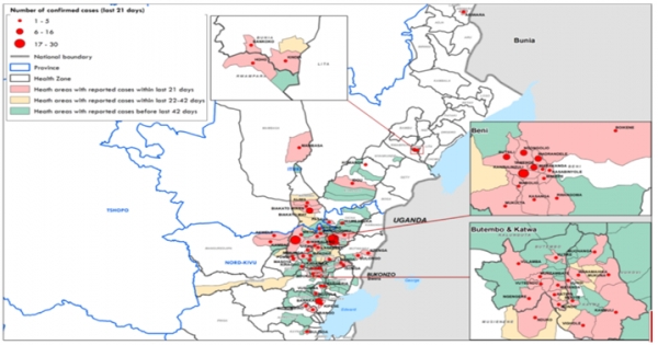 WHO가 발표한 아프리카 콩고민주공화국 에볼라 발생지역.