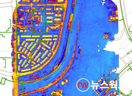 성남 구미동 일대 열지도에 도로선, 지적선, 열배관 중첩 표시 도면