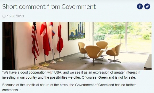 미국과 좋은 협력관계를 유지하고 있지만 그린란드는 판매용이 아니라는 내용의 그린란드 정부 성명. (사진출처=그린란드정부 홈페이지)<br>