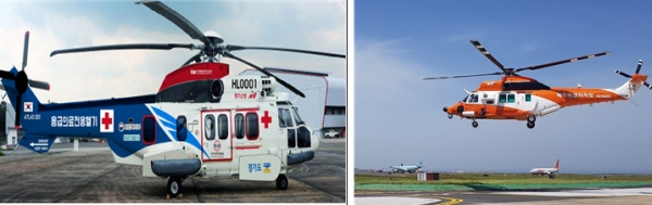 7번째 닥터 헬기로 선보인 H225기종(왼쪽)과 향후 도입예정인 수리온.