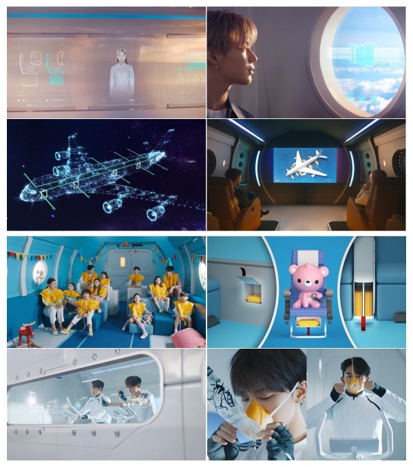 글로벌 아이돌 그룹 ‘SuperM’이 대한항공과 제작한 뮤직비디오 형식의 항공기 기내 안전 비디오 영상 장면들(사진=대한항공)
