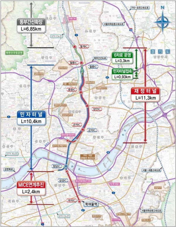 서울시는 동부간선도로 지하화 사업을 통해 대심도 터널이 건설되면 월계~강남까지 30여분 소요되던 것이 10분대로 대폭 축소될 것으로 전망하고 있다. 이미지는 동부간선도로 지하화 위치도 (자료 제공=서울시)