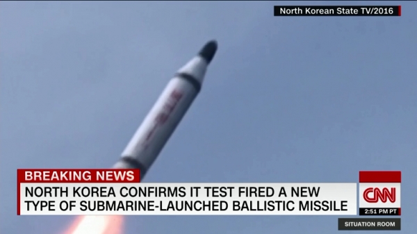 CNN은 '북한이 신형 SLBM발사 실험을 했다'고 보도했다. (사진출처= CNN방송 캡처)