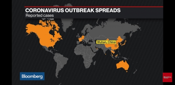 코로나 바이러스 확산 지도. 주황색으로 칠해진 부분은 코로나 바이러스 확진자가 발생한 지역이다. (사진=Bloomberg Markets and Finance 유튜브)<br>