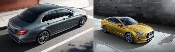 메르세데스-벤츠 E클래스 모델(왼쪽)과 현대자동차의 2019 쏘나타. (사진=메르세데스-벤츠, 현대자동차 홈페이지)