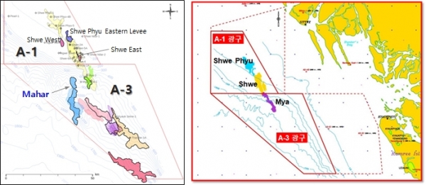 마하(Mahar) 유망구조(왼쪽)가 있는 A-3 광구 확대 지도, 미얀마 서부 해상 광구 지도(오른쪽) (사진제공=포스코인터내셔널)