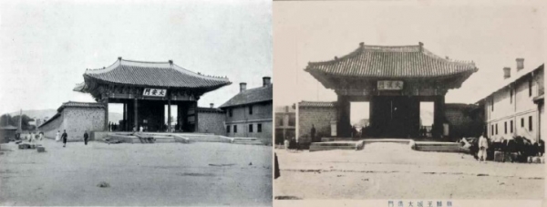 1902~1903년경 촬영된 덕수궁 대안문(大安門, 왼쪽)과 1910년대로 추정되는 덕수궁 대한문 월대 사진 엽서(오른쪽). (사진 제공=문화재청)