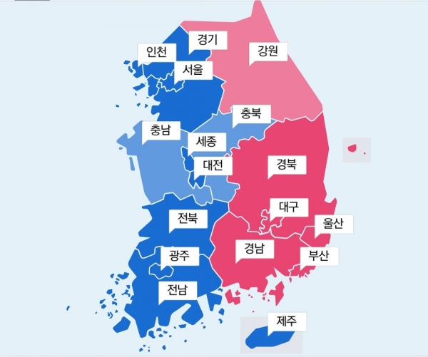 이번 총선에서 전국을 정당별 당선자의 색깔별로 표시한 지도가 이채롭다. (사진=네이버 화면 캡처)