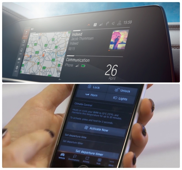 BMW X5 인포테인먼트 화면(위), BMW 운전자가 커넥티카 앱을 통해 차량의 시동을 걸고 있다(아래)(사진=BMW 홈페이지 캡처)