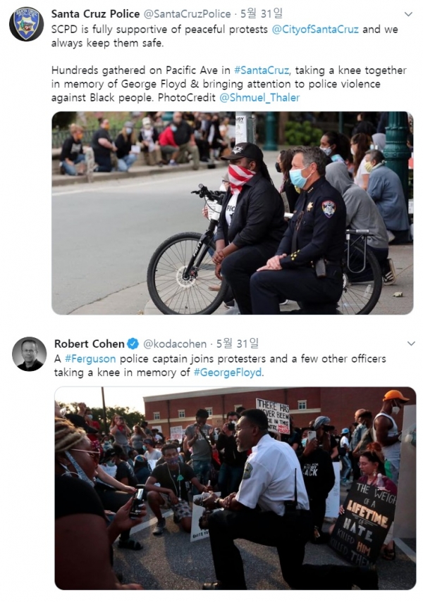 무릎을 꿇고 있는 산타크루즈 경찰(위쪽)과 무릎을 꿇고 조지 플로이드 사망에 항의하고 있는 퍼거슨 경찰서장(오른쪽). (사진=트위터 캡처)