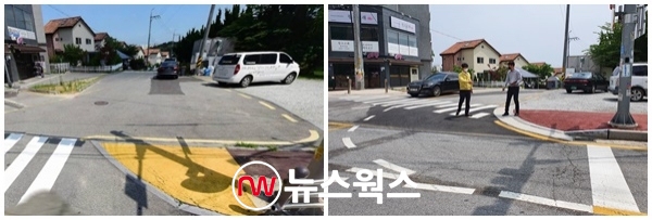 송정초등학교 정문 앞 통행로 개선 전(왼쪽)·후(오른쪽) 모습 (사진제공=이천시의회)