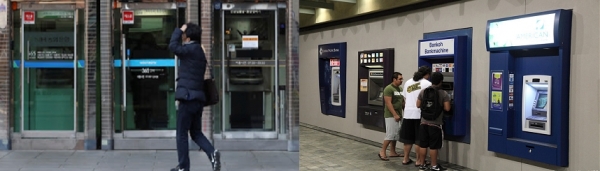 전면접급형 ATM(왼쪽)은 부스 입구에 출입구와 문턱이 있어 휠체어 진입이 어려움이 있다. 반면 측면접근형 ATM(오른쪽)은 접근이 용이하다. (사진=금융위원회 제공)