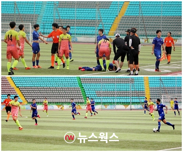 여주시민축구단(파란색 유니폼)이 지난 8일 서울 노원UTD와 혈투전을 벌이고 있다. 여주시민축구단이 2대1로 신승했다. (사진제공=여주시)