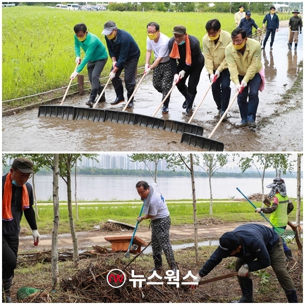 조광한(위 사진 왼쪽 세 번째) 시장이 지난 12일 삼패한강공원에서 수해 복구활동을 하고 있다. (사진제공=남양주시)