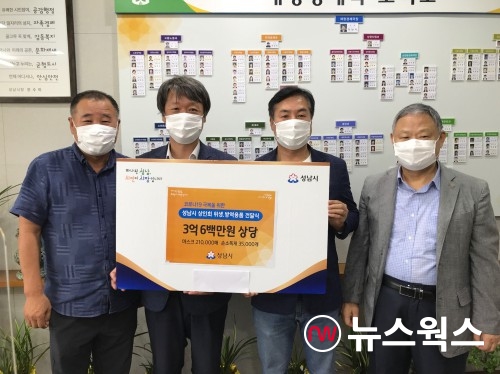 성남시는 3개 구 상인연합회 회장에게 3억600만원 상당의 위생·방역용품을 전달했다(사진제공=성남시)