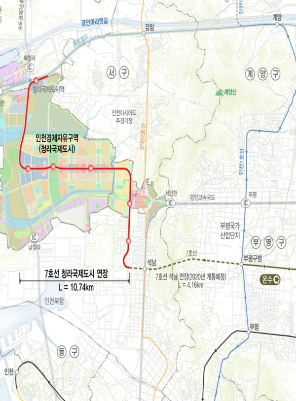 서울도시철도 7호선 청라국제도시 연장사업 노선도 (자료제공=국토교통부)
