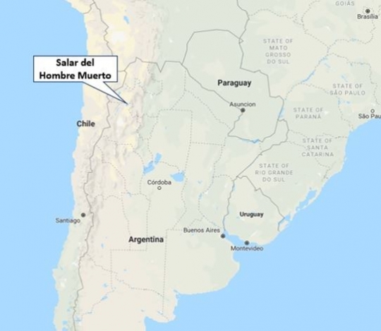 포스코가 광권을 확보한 아르헨티나 북서부 ‘옴브레 무에르토’ 호수 북측부분 염호 위치. <자료제공=포스코>