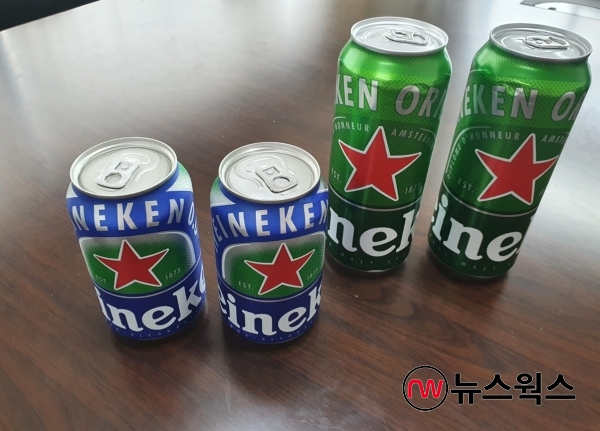 하이네켄 0.0(사진 왼쪽)과 하이네켄 오리지널 제품. (사진=전다윗 기자)