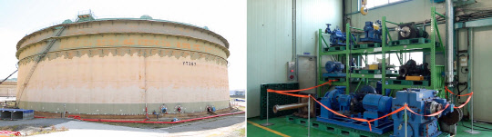 SK이노베이션 울산CLX의 원유저장탱크(왼쪽)와 울산CLX 내에서 철거된 설비. (사진제공=SK이노베이션)