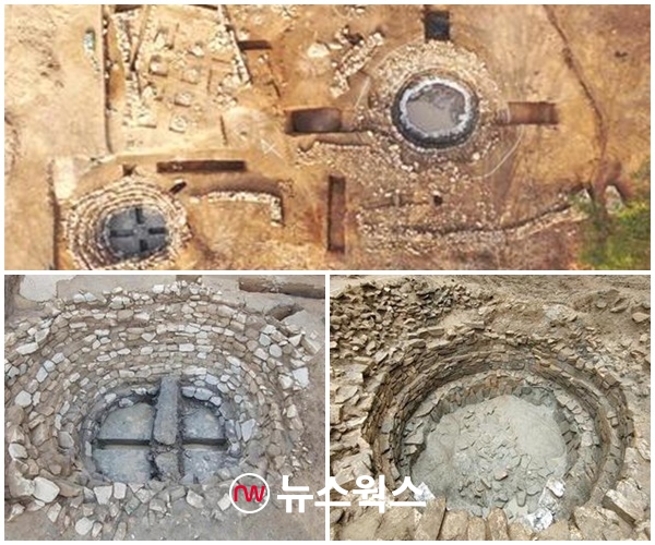 여주 파사성 제9차 발굴조사 전경(위)과 1기 집수지(아래 오른쪽)와 2기 집수지(아래 왼쪽) 전경 (사진제공=여주시)