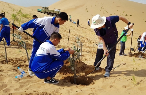 BGF리테일 임직원과 현지 중고등학생들이 함께 중국 쿠부치사막에서 방풍목을 심고 있다. (사진제공=BGF리테일)