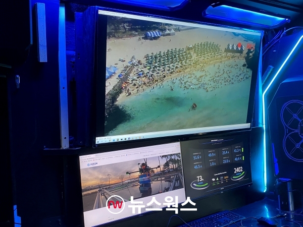 DMI 수소드론에 카메라를 장착하고 촬영한 제주도 함덕해수욕장 해안가 모니터링 화면