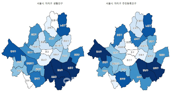 KT와 서울시가 공동으로 개발한 ‘서울 생활인구’의 자치구별 인구 밀도 이미지. 색깔이 진한 부분이 인구가 많은 지역을 의미한다. (이미지제공=KT)