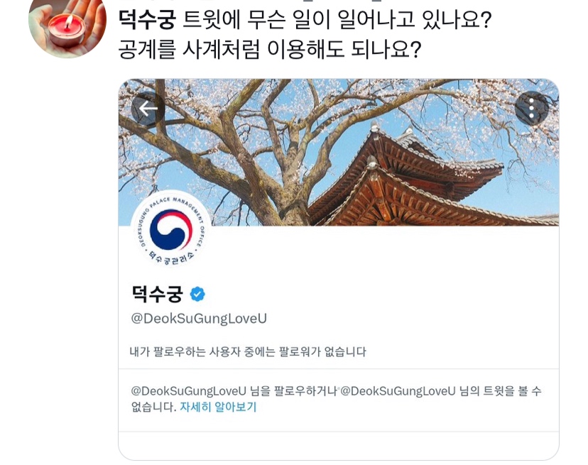 '덕수궁'으로부터 계정 차단당한 네티즌. (사진제공=유튜브 '백브리핑' 운영자 백광현씨)