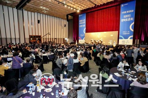 지난 3월 수원컨벤션센터에서 열린 ‘수원형 통합돌봄사업 시민 의견 수렴을 위한 500인 원탁토론회’에 참가한 시민들이 토론을 하고 있다. (사진제공=수원시)