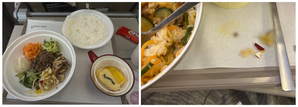 아시아나항공 이용 승객이 기내식을 먹던 중 치아 3개가 손상되는 부상을 입었다. 승객 A씨는 이같은 사실을 네이버카페에 올리고 기내식에 있던 커피잔 파편으로 추정되는 이물질을 인증했다. (사진=네이버카페 스사사 캡쳐)