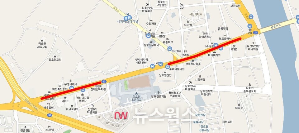 장호원 전통시장 주변 장날 주정차 단속 완화지역(붉은색 표시)(사진제공=이천시)