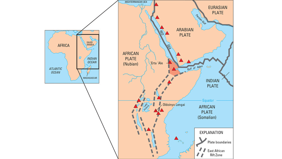 아프라키 대륙이 서쪽부분인 누비아 판과 동쪽 부부분인 소말리아 판으로 갈라지고 있다. 쪼개지는 부분이 바로 동아프리카 지구대다. (지도제공=라이브사이언스)