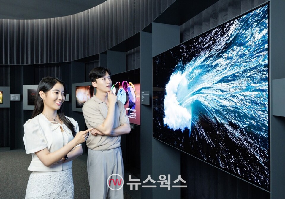 16일 서울 코엑스에서 열린 'K디스플레이 2023'전시회에서 LG디스플레이 모델이 '메타 테크놀로지'가 적용된 3세대 OLED TV 패널을 감상하고 있다. (사진제공=LG디스플레이)