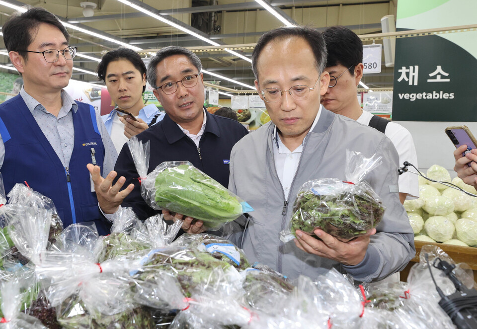 추경호 부총리가 17일 서울 서초구 양재동 농협 하나로마트에서 채소를 살펴보고 있다. (사진=뉴스1)