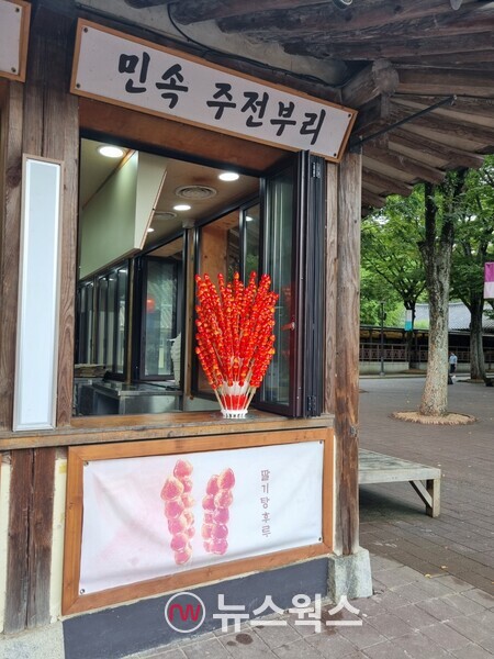 중국 전통간식으로 알려진 탕후루가 인기를 끄는 가운데 한국민속촌에서는 탕후루를 '민속 주점부리'로 소개해 판매하고 있다. (사진=김상우 기자)