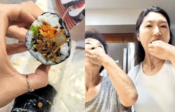 한국계 미국인 음식 블로거 사라 안이 자신의 어머니와 함께 현지 대형마트인 '트레이더조'에서 판매하는 냉동 김밥인 'KIMBAP'을 먹어본 영상이 조회수 1300만회를 돌파했다. (사진=인스타그램 캡처)