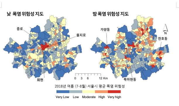 2018년 여름철 서울시 낮과 밤의 폭염 위험성 지도 (사진제공=UNIST)
