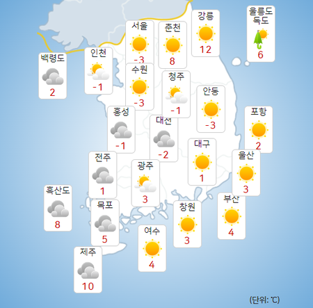 12일 주요 지역별 아침기온. (출처=기상청 날씨누리)